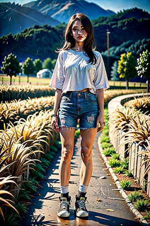 (full body shot) 22 year old woman,(getting rained on),(standing in the rain),long golden brown hair,green eyes,((wearing an oversized shirt, socks with high--tops)),(best quality, masterpiece:1.2),(photo-realistic),cute,field of brown grass,night,lots of rain,wet, no filter, rural, woods, open field, corn field, real_life, realistic 