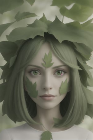 green woman face, leafs