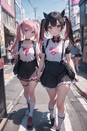 (best quality, masterpiece, absurbres, super-resolution)), Full body, (Harajuku Fashion:1.3) (Street Photography), (Twins:1.3), Kawaii frilly mini-skirt, Avant-garde skull top, (Colorful Long Hair:1.5), Fashion Model Pose,Bankruptcy