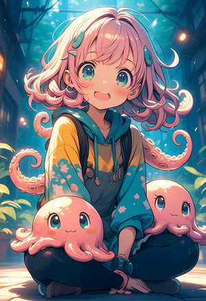 1 girl, (cute, playful expression:1.3), sitting on large pink octopus,
BREAK
vivid, vibrant colors, whimsical, imaginative character design,
BREAK
dynamic, energetic pose, harmonious interaction between girl and octopus,
BREAK
warm, endearing atmosphere, charming, lighthearted aesthetic,
BREAK
high-quality anime-inspired illustration, thoughtful composition and attention to detail