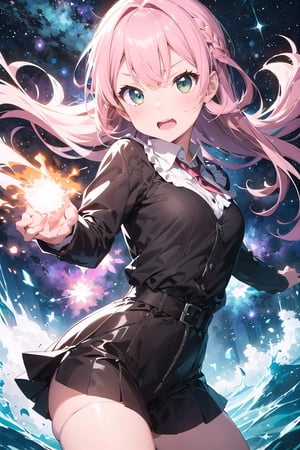 This artwork portrays an anime-style character in a dynamic pose, with long pink hair flowing dramatically as if caught in a cosmic wind. The character's fist is extended towards the viewer, suggesting an action scene, perhaps a punch being thrown. A radiant burst of energy, reminiscent of a nebula, swirls around with shades of pink and white, emphasizing the movement. The backdrop features a star-studded space, adding to the celestial theme. The character is dressed in a detailed black outfit with green accents, highlighting the intensity of the scene. Their determined expression, marked by piercing green eyes, conveys a sense of focused power and ferocity. Energy ribbons and particles cascade around the character, contributing to the overall sensation of explosive force and dynamism in the composition.