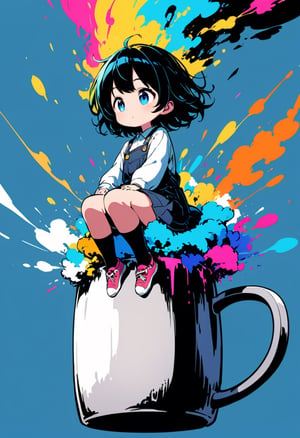 (flat:1.4),(black color illustration),masterpiece,best quality,ultra detailed,4K,super fine illustration,highly detailed beautiful face and eyes,professional,(A tiny girl balancing on the rim of a giant mug:1.5), playful and agile, maintaining her balance with her arms outstretched, short hair, wears a casual outfit. The mug is enormous and detailed, emphasizing its size compared to the tiny girl. The simple background , ensuring the focus remains on the girl and the giant mug,dal-6 style,Color Splash