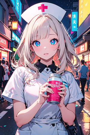 highres, highest quallity, illustration, ultra detailed, (detailed face), (detailed eyes), (glow:1.2), best quality, hyper detailed, masterpiece, 1girl, solo,(holding plastic bottle tea),looking at viewer,outdoor,street,midnight,BREAK,anime
,colorful nurse's