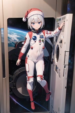lustration of cute girl, (anime style), (flat:1.5), BREAK, 1girl, solo, (santa claus clothes),white hair, bangs bangs, full body, Looking viewer, (space suit:1.2),