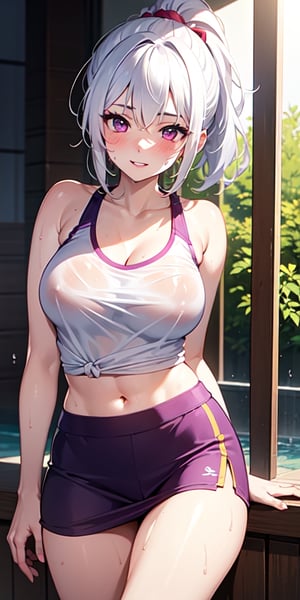 1girl, ponytail, parted lips, blush, makeup, light smile, white hair, sportswear, skirt, wet clothes, glow, thighs, purple eye, bare shoulders, collarbone, narrow waist, sunbeam, sunlight, rose, wind, cleavage, (masterpiece), sweat,
