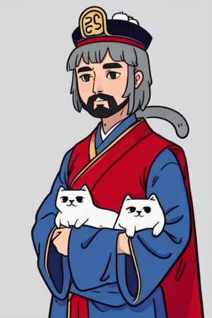 generate image of two cat, a gray cat wearing a blue Tang Dynasty robe with a long beard, also wearing a traditional Chinese emperor's hat. Next to the gray cat, there is another white  cat wearing a red Tang Dynasty robe. The gray cat is in the front, and the white cat is behind, tapping the hat of the gray cat. The background should be black.