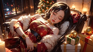 (Masterpiece, Top Quality, Top Quality, Official Art, Aesthetic:1.2), (1girl), Beautiful Girl in Christmas Costume,sleeping on the chair (((close eyes))), Extremely Detailed, Christmas Decoration, (Christmas Box, Christmas, Candy, Gold Bell, Ornament, Christmas Tree), Living Room, ( Fractal Art:1.3), supremely detailed, landscapes, lights, twinkling,Christmas,sntdrs