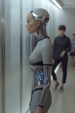 Beautiful and cute korean robot girl in street, exmachina, ava, photography, full shot, wide shot,