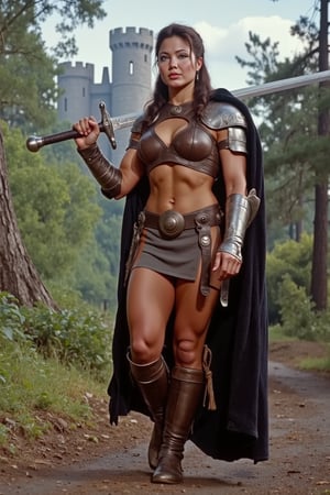 dark hair, lose hair, scattered hair, tanned woman, with sweat in her body and a bit of dirt, with deep blue eyes as an (((bodybuilder))) Barbariam warrior in the into a deep forest wearing a brown sleeveless revealing leather armor, full detailed armor, a tasset on the sides but open in the middle, metal pauldron on shoulders, with revealing chest open until the belly, ornate belt, black fur cape, (big and strong legs), (big and muscular arms). ((veiny strong abs)), large chest, big chest, bulge chest, shiny, holding an long sword on her shoulder with a fighting stance into a deep forest with an castle on the background, Screengrab of 1950's Super Panavision 70 movie. Retro in color., Longe revealing chest. Medieval fantasy. 