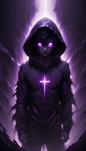 prfm style, dark city street, an air of mystery and fear, minimal purple glow of light from street lights, figure wearing a hood hide in the shadows, can only make out the outline of the mysterious figure. there is a bright yet dark purple light that looks like enegry resonating from behind him through him