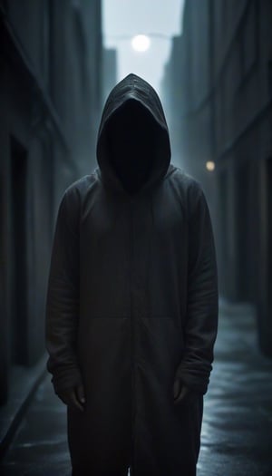 prfm style, dark city street, an air of mystery and fear, minimal glow of light from street lights, figure wearing a hood hide in the shadows, can only make out the outline of the mysterious figure. there is a glint of light coming from an object he is carrying