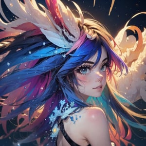 masterpiece,top quality,best quality,watercolor,(medium),official art,beautiful and aesthetic,(1girl:1.3),(fractal art:1.3),upper body,from side,looking at viewer,patterns,rainbow color Hair,colorful hair,half blue and half pink hair,water,liquid,cloud,colorful,starry,stars,sparkly dress