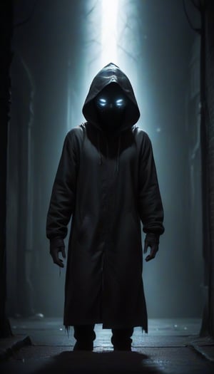 prfm style, dark city street, an air of mystery and fear, minimal glow of light from street lights, figure wearing a hood hide in the shadows, can only make out the outline of the mysterious figure. there is a glint of light coming from an object he is carrying