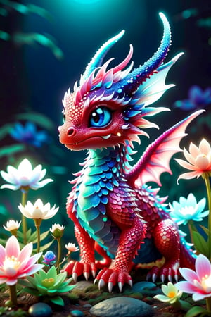 a close up of a tiny fairies dragon in a field of dewy flowers and plants, fantasy gorgeous (((bioluminescent:: translucent))) red and blue lighting, adorable glowing creature, cute little dragon, neon glow concept art, fantasy bioluminescent lighting, crystal dragon, dragon design language, cgsociety 9, glowing neon vray, vfx art, dragon portrait.