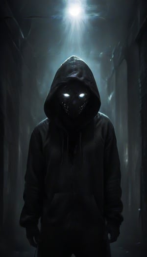 prfm style, dark city street, an air of mystery and fear, minimal glow of light from street lights, figure wearing a hood hide in the shadows, can only make out the outline of the mysterious figure. there is a glint of light coming from an object he is carrying