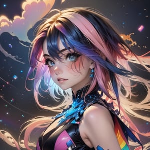 masterpiece,top quality,best quality,watercolor,(medium),official art,beautiful and aesthetic,(1girl:1.3),(fractal art:1.3),upper body,from side,looking at viewer,patterns,rainbow color Hair,colorful hair,half blue and half pink hair,water,liquid,cloud,colorful,starry,stars,sparkly dress