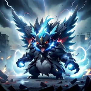 a pokemon fighting at war, injured and dirty, ripped clothes, raging, character design, explosion of lightning, body is adorned with glowing colors around them all thunder like, body dynamic epic action pose, detailed anime style, fw murano style, plumes of jet black plumes smokes, In the style of Prokoko, with a focus on bold, expressive brushstrokes and vivid colors, The modifier is CarnageStyle, the color is blood_red, and the intensity is 1.6, the lighting is cinematic, the angle is dynamic, the details are extreme
