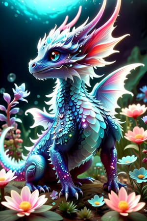 a close up of a tiny fairies dragon in a field of dewy flowers and plants, fantasy gorgeous (((bioluminescent:: translucent))) red and blue lighting, adorable glowing creature, cute little dragon, neon glow concept art, fantasy bioluminescent lighting, crystal dragon, dragon design language, cgsociety 9, glowing neon vray, vfx art, dragon portrait.