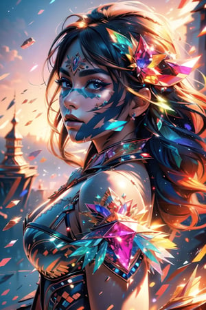 vibrant colors, female, masterpiece, sharp focus, best quality, depth of field, cinematic lighting, ((solo, landscape )), (illustration, 8k CG, (extremely detailed), masterpiece, ultra-detailed, one girl, (crystals:1.2), (shining:1.1), (multicolors:1.3),  