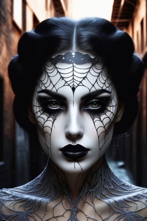 Pale scary woman with black hair, black eyes, black lips, cobweb pattern around her eyes, (((background is a dark alley))), masterpiece, photorealistic, detailed