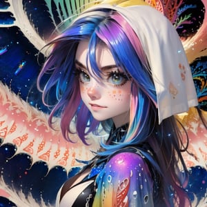 masterpiece,top quality,best quality,watercolor,(medium),official art,beautiful and aesthetic,(1girl:1.3),(fractal art:1.3),upper body,from side,looking at viewer,patterns,rainbow color Hair,colorful hair,half blue and half pink hair,water,liquid,cloud,colorful,starry,stars,sparkly dress