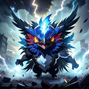 a pokemon fighting at war, injured and dirty, ripped clothes, raging, character design, explosion of lightning, body is adorned with glowing colors around them all thunder like, body dynamic epic action pose, detailed anime style, fw murano style, plumes of jet black plumes smokes, In the style of Prokoko, with a focus on bold, expressive brushstrokes and vivid colors, The modifier is CarnageStyle, the color is blood_red, and the intensity is 1.6, the lighting is cinematic, the angle is dynamic, the details are extreme
