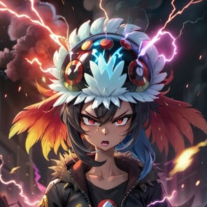 a pokemon fighting at war, injured and dirty, ripped clothes, raging, character design, explosion of lightning, body is adorned with glowing colors around them all thunder like, body dynamic epic action pose, detailed anime style, fw murano style, plumes of jet black plumes smokes, In the style of Prokoko, with a focus on bold, expressive brushstrokes and vivid colors, The modifier is CarnageStyle, the color is blood_red, and the intensity is 1.6, the lighting is cinematic, the angle is dynamic, the details are extreme
