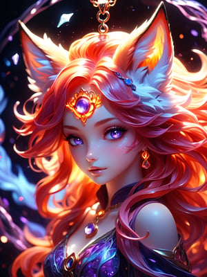 (cute flame foxy, flaming veins), purple, pink and blue tones, (masterpiece, best quality, ultra-detailed, best shadow), (detailed background,dark fantasy), (beautiful detailed face), high contrast, (best illumination, an extremely delicate and beautiful), ((cinematic light)), colorful, hyper detail, dramatic light, intricate details, (1girl, solo, red hair, sharp face, amber eyes, hair between eyes,dynamic angle), blood splatter, swirling black light around the character, depth of field, light particles,(broken glass),magic circle, (full body), Spirit Fox Pendant