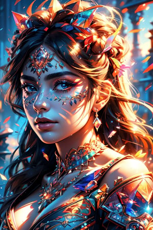 vibrant colors, female, masterpiece, sharp focus, best quality, depth of field, cinematic lighting, ((solo, landscape )), (illustration, 8k CG, (extremely detailed), masterpiece, ultra-detailed, one girl, (crystals:1.2), (shining:1.1), (multicolors:1.3),  