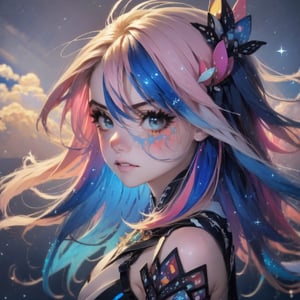 masterpiece,top quality,best quality,watercolor,(medium),official art,beautiful and aesthetic,(1girl:1.3),(fractal art:1.3),upper body,from side,looking at viewer,patterns,rainbow color Hair,colorful hair,half blue and half pink hair,water,liquid,cloud,colorful,starry,stars,sparkly dress