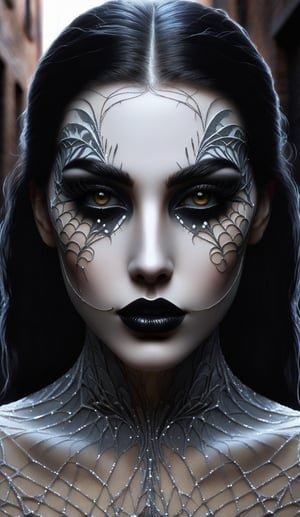 Pale scary woman with black hair, black eyes, black lips, cobweb pattern around her eyes, (((background is a dark alley))), masterpiece, photorealistic, detailed