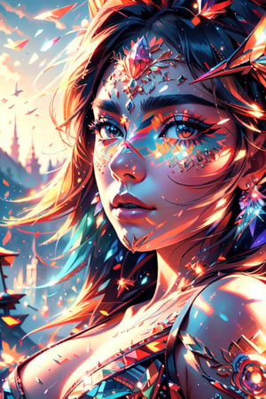 vibrant colors, female, masterpiece, sharp focus, best quality, depth of field, cinematic lighting, ((solo, landscape )), (illustration, 8k CG, (extremely detailed), masterpiece, ultra-detailed, one girl, (crystals:1.2), (shining:1.1), (multicolors:1.3),  