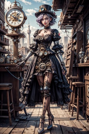 masterpiece, best quality, an automaton girl in a time goddess theme, purple, and silver, featuring robotic body parts, delicate facial expressions, and intricately detailed steampunk fashion. Her attire includes a clock-adorned dress, chain accessories, and sundial-themed shoes. The scene is set in a surreal steampunk world with floating clocks, giant timepieces, and a bustling city skyline. hyperdetailed illustration, highres,Mj Osea Style,steam4rmor