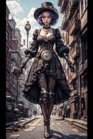 masterpiece, best quality, an automaton girl in a time goddess theme, purple, and blue, featuring robotic body parts, delicate facial expressions, and intricately detailed steampunk fashion. Her attire includes a clock-adorned dress, chain accessories, and sundial-themed shoes. The scene is set in a surreal steampunk world with floating clocks, giant timepieces, and a bustling city skyline. hyperdetailed illustration, highres,Mj Osea Style,steam4rmor