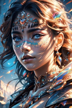 vibrant colors, female, masterpiece, sharp focus, best quality, depth of field, cinematic lighting, ((solo, landscape )), (illustration, 8k CG, (extremely detailed), masterpiece, ultra-detailed, one girl, (crystals:1.2), (shining:1.1), (multicolors:1.3),  