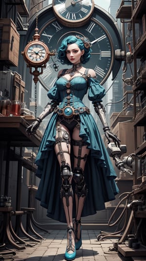 masterpiece, best quality, an automaton girl in a time goddess theme, teal and silver, featuring robotic body parts, delicate facial expressions, and intricately detailed steampunk fashion. Her attire includes a clock-adorned dress, chain accessories, and sundial-themed shoes. The scene is set in a surreal steampunk world with floating clocks, giant timepieces, and a bustling city skyline. hyperdetailed illustration, highres,Mj Osea Style,steam4rmor