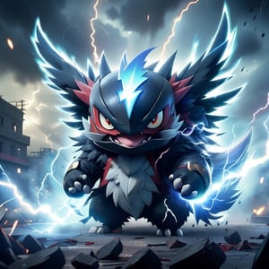 a pokemon fighting at war, injured and dirty, ripped clothes, raging, character design, explosion of lightning, body is adorned with glowing colors around them all thunder like, body dynamic epic action pose, detailed anime style, fw murano style, plumes of jet black plumes smokes, In the style of Prokoko, with a focus on bold, expressive brushstrokes and vivid colors, The modifier is CarnageStyle, the color is blood_red, and the intensity is 1.6, the lighting is cinematic, the angle is dynamic, the details are extreme
