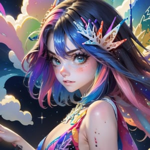 masterpiece,top quality,best quality,watercolor,(medium),official art,beautiful and aesthetic,(1girl:1.3),(fractal art:1.3),upper body,from side,looking at viewer,patterns,rainbow color Hair,colorful hair,half blue and half pink hair,water,liquid,cloud,colorful,starry,stars,sparkly dress