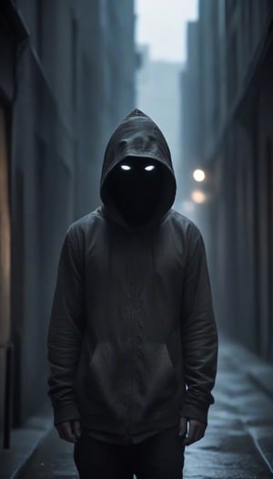 prfm style, dark city street, an air of mystery and fear, minimal glow of light from street lights, figure wearing a hood hide in the shadows, can only make out the outline of the mysterious figure. there is a glint of light coming from an object he is carrying