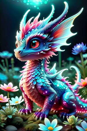 a close up of a tiny fairies dragon in a field of dewy flowers and plants, fantasy gorgeous (((bioluminescent:: translucent))) red and blue lighting, adorable glowing creature, cute little dragon, neon glow concept art, fantasy bioluminescent lighting, crystal dragon, dragon design language, cgsociety 9, glowing neon vray, vfx art, dragon portrait.