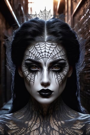 Pale scary woman with black hair, black eyes, black lips, cobweb pattern around her eyes, (((background is a dark alley))), masterpiece, photorealistic, detailed