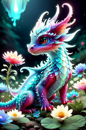 a close up of a tiny fairies dragon in a field of dewy flowers and plants, fantasy gorgeous (((bioluminescent:: translucent))) red and blue lighting, adorable glowing creature, cute little dragon, neon glow concept art, fantasy bioluminescent lighting, crystal dragon, dragon design language, cgsociety 9, glowing neon vray, vfx art, dragon portrait.