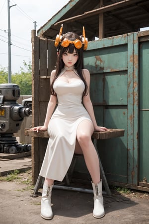 core_9, score_8_up, score_7_up, anime style, stylized character, large orange robot with multiple lenses or sensors on its head, intricate design with visible mechanical parts and appears to be inactive or in a resting state, standing next to a 1girl is seated on robot's knee, 1girl dressed in a white dress and tall boots, face is obscured by long hair, Background consists of rusty metal panels, aged and weathered appearance