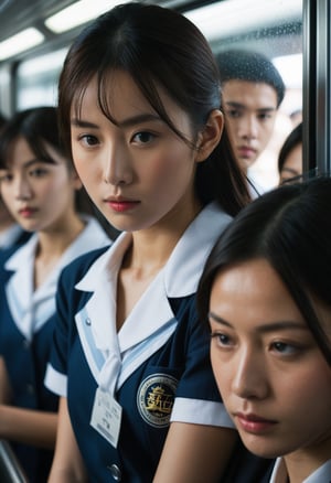 Create an extremely detailed, photorealistic image of a crowded Japanese train in the heat of summer. High school students are wearing their uniforms, and one female student is squeezed against the glass window. An alien creature, also caught in the crowd, is leaning against her. In the reflection of the glass window, you can see her frightened expression. The image should convey a sense of closeness and embrace due to the cramped conditions, rendered in extremely high resolu
BREAK,
dramatic lighting,highly detailed,high budget,bokeh,cinemascope,moody,epic,gorgeous,film grain,grainy,masterpiece,best quality,perfect anatomy,very aesthetic,official art,8k,