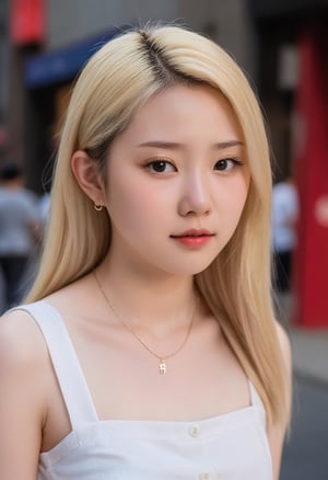 photo of 18 years old average looking Japanese women, pale skin, working class in new york city, upper body, blonde hair, detailed skin, 20 megapixel, canon eos r3, detailed skin, detailed, detailed face,sad