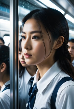 Create an extremely detailed, photorealistic image of a crowded Japanese train in the heat of summer. High school students are wearing their uniforms, and one female student is squeezed against the glass window. An alien creature, also caught in the crowd, is leaning against her. In the reflection of the glass window, you can see her frightened expression. The image should convey a sense of closeness and embrace due to the cramped conditions, rendered in extremely high resolu
BREAK,
dramatic lighting,highly detailed,high budget,bokeh,cinemascope,moody,epic,gorgeous,film grain,grainy,masterpiece,best quality,perfect anatomy,very aesthetic,official art,8k,