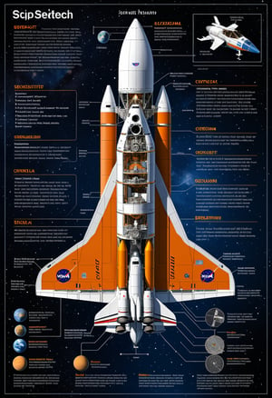 Produce a detailed technical illustration of a spacecraft, showcasing a cutaway design that reveals its internal structure. The spacecraft should be rendered with a sleek, streamlined body in vibrant orange and metallic shades. The image must include annotated engineering blueprints, detailed schematics, and callouts, set against a technical background that provides a comprehensive view of the craft's design. Aim for a sketch-like style that merges artistic intricacy with mechanical precision, complete with various angles and detailed exploded views of spacecraft components