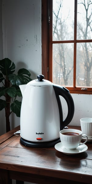 White electric kettle, window,wood table, lamp, china cup,studio light,