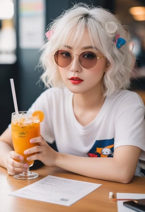 a close up of a person sitting at a table with a drink, an anime drawing, by Yang J, trending on pixiv, white curly hair, with sunglasses, discord profile picture, sad kawaii face
Captured with a Canon EOS R5, 1/250s, f/2.2, ISO 800, the image boasts subtle texture details and nuanced, natural skin tones that convey emotional depth.