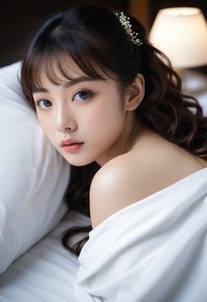 there is a woman laying on a bed with a white sheet, beautiful japanese girls face, 4k headshot photography, by Torii Kiyomoto, very big eyes!, cutecore, flawless epidermis, by Miwa Komatsu, curly bangs, けもの, with professional makeup, cute adorable, switch, cutest, hyperrealistic picture
BREAK,
dramatic lighting,highly detailed,high budget,bokeh,cinemascope,moody,epic,gorgeous,film grain,grainy,masterpiece,best quality,perfect anatomy,very aesthetic,official art,8k,